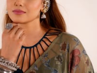 Olive Green Lurex Brasso Floral Saree