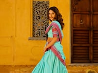 Sea Blue Chanderi Thread Work Lehenga Choli