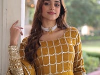 Yellow Sequins Embroidery Work Silk Gown