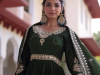 Dark Green Silk Gown With Embroidery Work