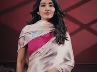 Warm Beige Satin Silk Floral Saree