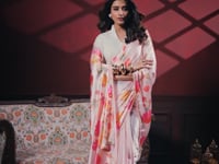 Peach Pink Satin Silk Floral Saree