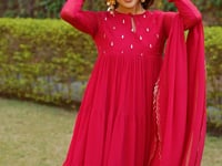 Hot Pink Flared Gown With Foil Work