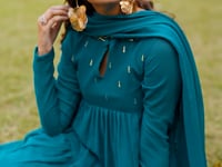 Dark Teal Flared Gown With Foil Work