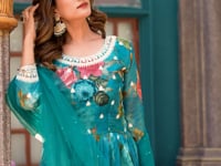 Dark Cyan Floral Embroidery Work Gown
