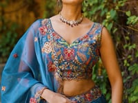 Teal Blue Chanda Silk Embroidery Lehenga Choli