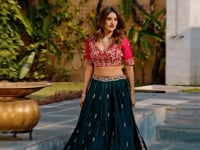Timber Green Satin Silk Embroidered Lehenga choli