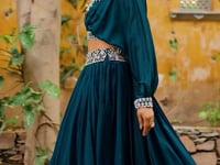 Dark Teal Vichitra Silk Embroidery Crop Top Lehenga
