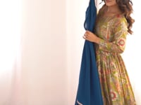 Designer Teal Blue Georgette Gown & Dupatta
