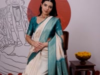 Beige-Teal Paper Silk Zari Weaving Saree