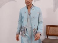 Pastel Sky Kurta Set With Embroidered Koti