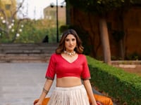 Bright Red Tasar Silk Printed Lehenga Choli