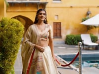 Beige-Red Shimmer Paithani Lehenga Choli