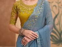 Greyish Teal Georgette Embroidery Saree