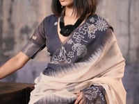 Beige-Blue Handloom Cotton Saree