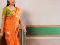 Bright Orange Tussar Silk Weaving Work Saree