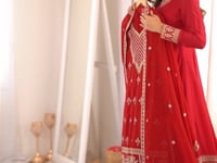 Red Embroidered Georgette Sharara Set