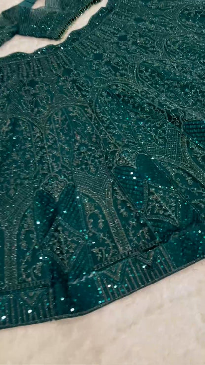 Bottle Green Net Embroidery Lehenga Choli
