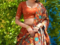 Rust Orange Tasar Silk Printed Lehenga Choli