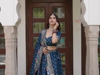 Teal Blue Multi Color Foil Print Lehenga Choli