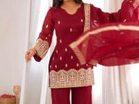Maroon Embroidered Silk Salwar Suit