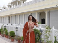 Rust Embroidered Silk Lehenga Choli