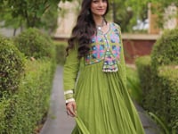 White Navratri Gown With Embroidery & Mirror Work