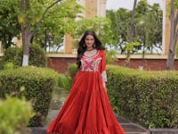 Purple Navratri Gown With Embroidery & Mirror Work