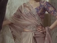 Blue-Ivory-Red Silk Embroidered Saree