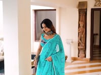 Aqua Green Navratri Lehenga With Bandhej Print & Lace Work