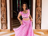 Light Pink Navratri Lehenga With Bandhej Print & Lace Work