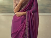 Wine Satin Embroidery Border Saree