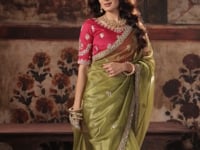 Olive Green Organza Embroidered Saree