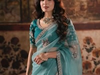 Dusty Teal Organza Embroidered Saree