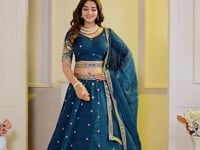 Teal Blue Embroidered Silk Lehenga Choli