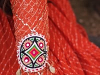 Rust Navratri Gown With Leheriya Print & Gamthi Patch Work