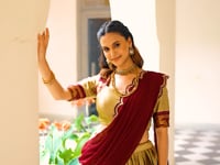 Beige South indian Half Saree Lehenga