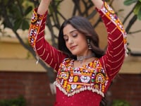 Maroon Gamthi Work Gown With Lace Touch Up