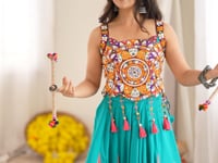 Teal Kutchhi Work Navratri Lehenga Choli