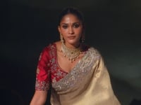 Shiny Beige Silk Heavy Embroidery Saree