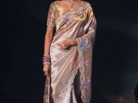Golden Beige Silk Heavy Embroidery Saree