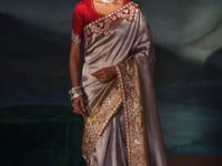 Grey-Gold Silk Heavy Embroidery Saree