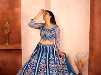 Teal Blue Embroidered Net Lehenga Choli