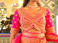 Pink Multicolor Banarasi Silk Heavy Embroidery Lehenga