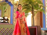Mustard Gold-Pink Banarasi Silk Heavy Embroidery Lehenga