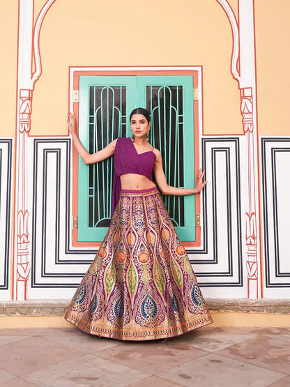 Wine Banarasi Silk Crop top Lehenga Choli