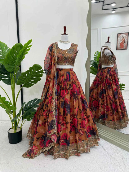Brownish Yellow Floral Print With Embroidery Work Lehenga And Dupatta