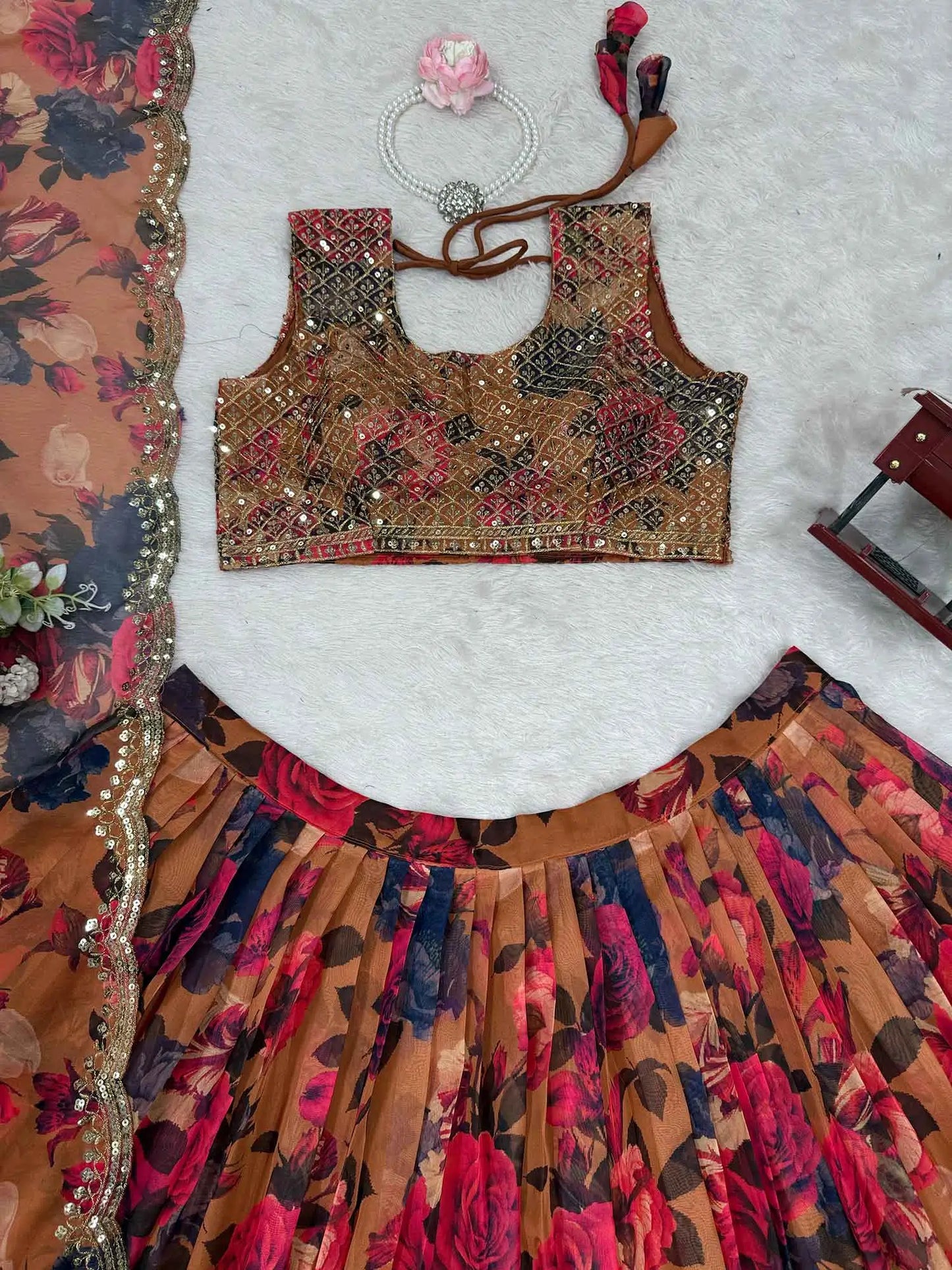 Brownish Yellow Floral Print With Embroidery Work Lehenga And Dupatta