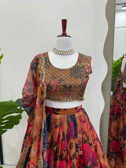 Brownish Yellow Floral Print With Embroidery Work Lehenga And Dupatta