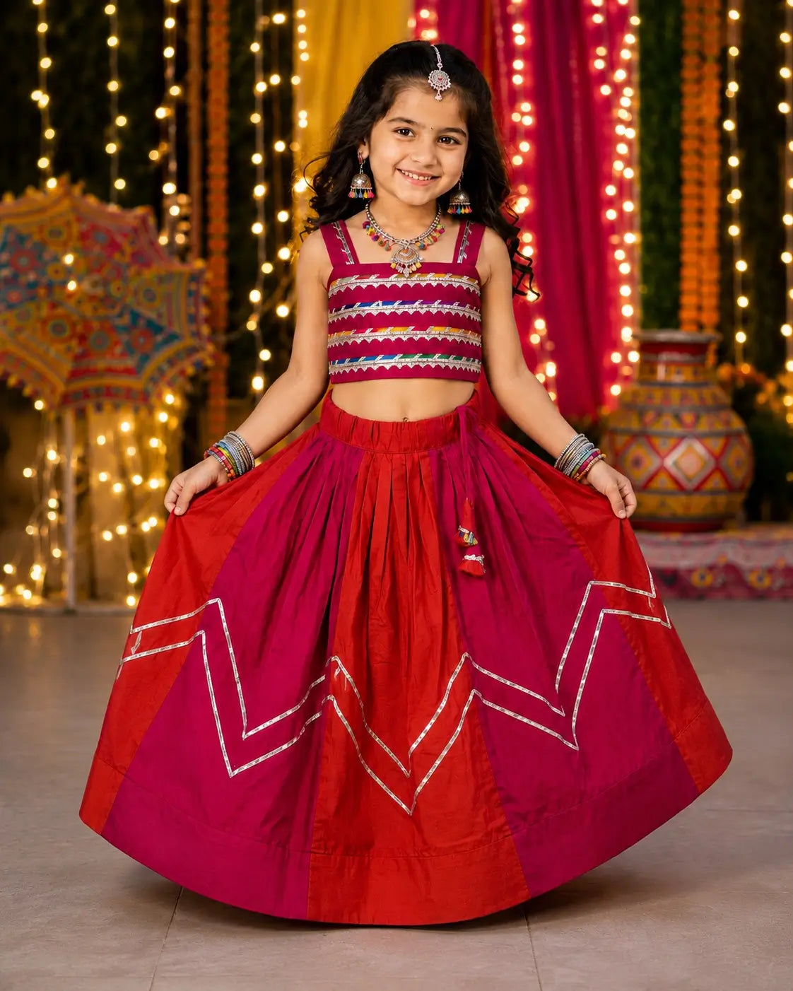 Pinkish Red Kids Navratri Lehenga Choli